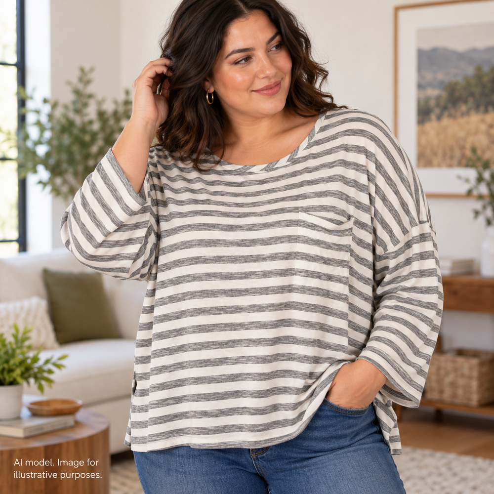 Athleta Shirt Women XL Off White Breton Stripe Valley Top Soft Crop Pocket Tee